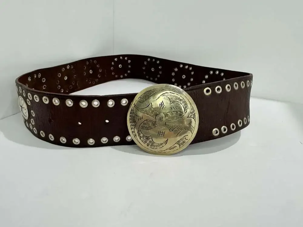 Motif 56 Brown Genuine Leather Clover Embellished Studded Belt